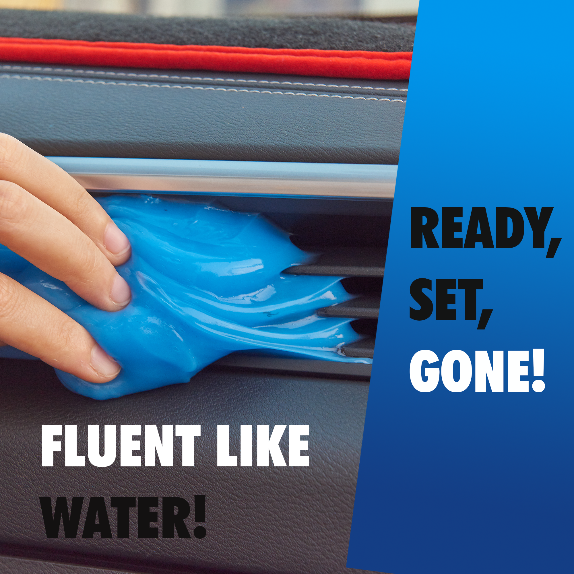 Haussimple Deep Cleaning Gel removing dust from car air vent – fluent like water, ready set gone – flexible blue cleaning gel for deep car interior cleaning.