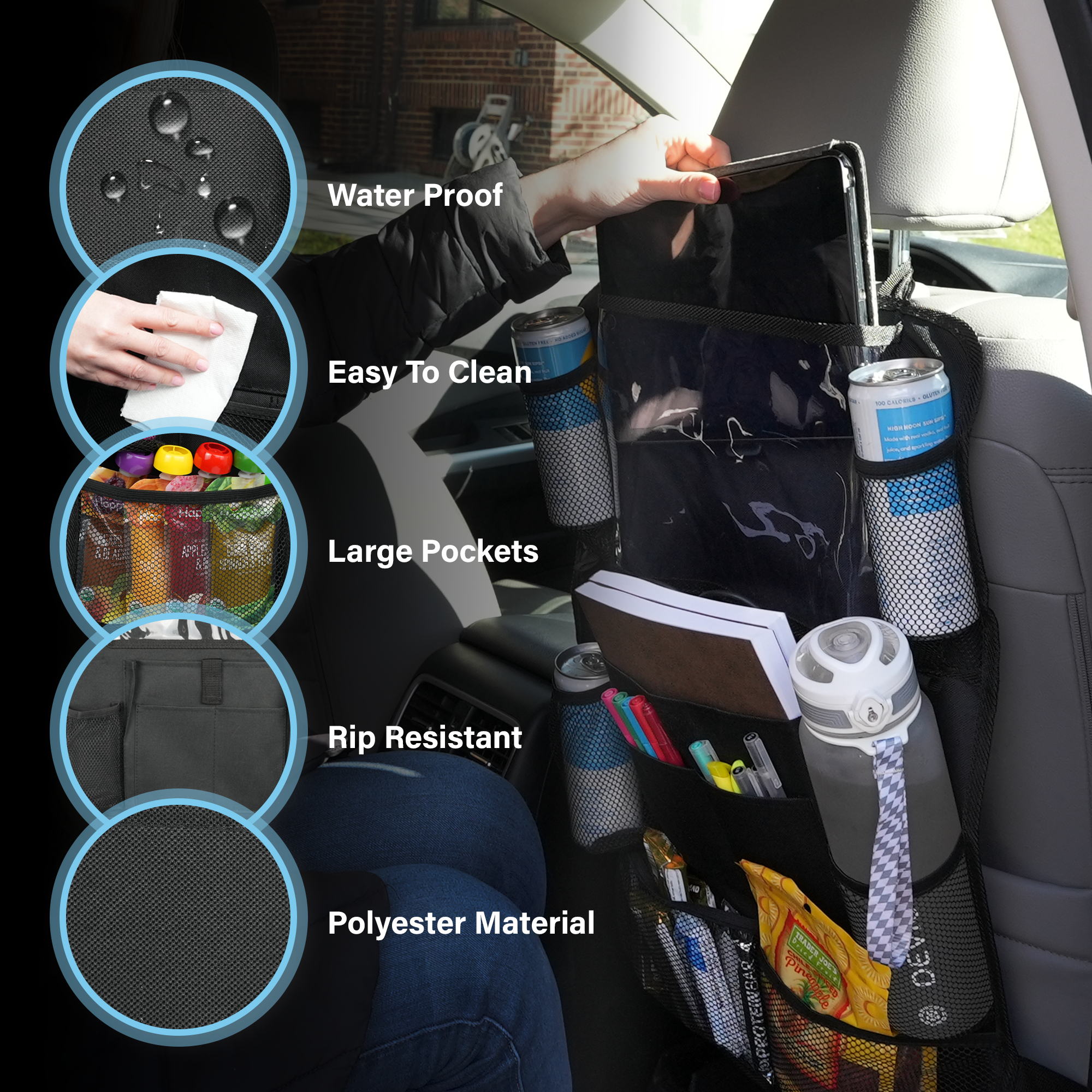 car back seat organizer automotive seat back organizers stuff vehicle seats attachable storage organisers waterproof kick mat car travel accessories multiple pockets storage durable compartments touch screen tablet holder