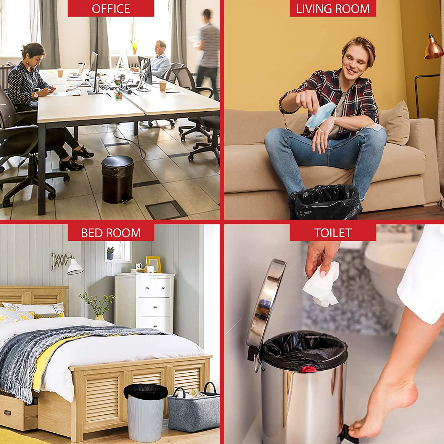 Haussimple drawstring trash bags used in various rooms — office, living room, bedroom, and toilet — showing versatile black garbage bags fitting small bins for home and workplace waste management.