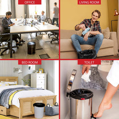 Haussimple drawstring trash bags used in various rooms — office, living room, bedroom, and toilet — showing versatile black garbage bags fitting small bins for home and workplace waste management.