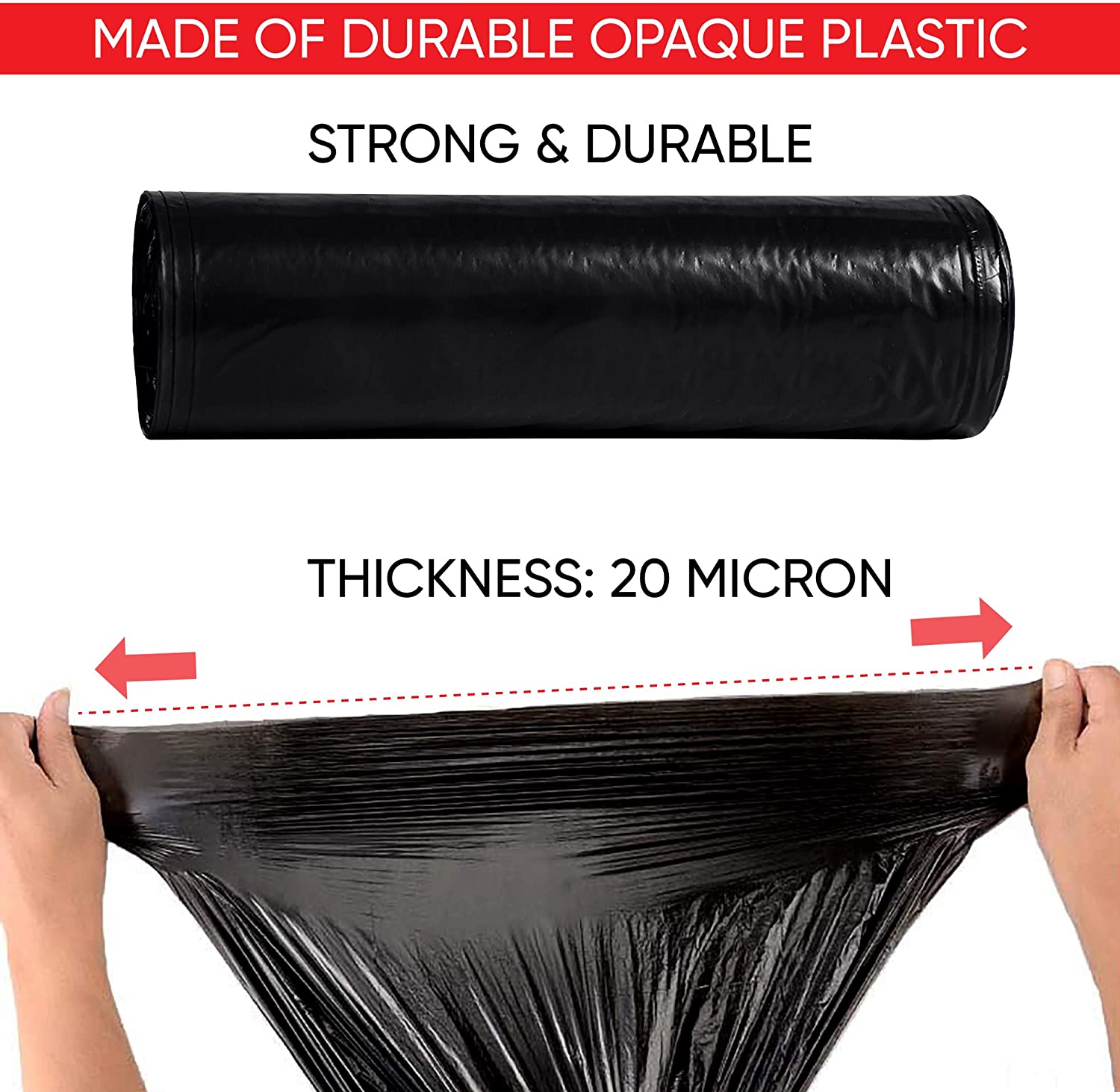 Black drawstring trash bag roll made of durable plastic, 20-micron thick, strong and tear-resistant garbage bag stretched by hands for durability demonstration.