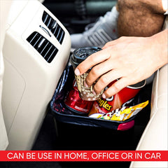 Black drawstring trash bag used in a car trash bin filled with snack wrappers and drink cups, showing versatile use for home, office, or vehicle waste disposal.