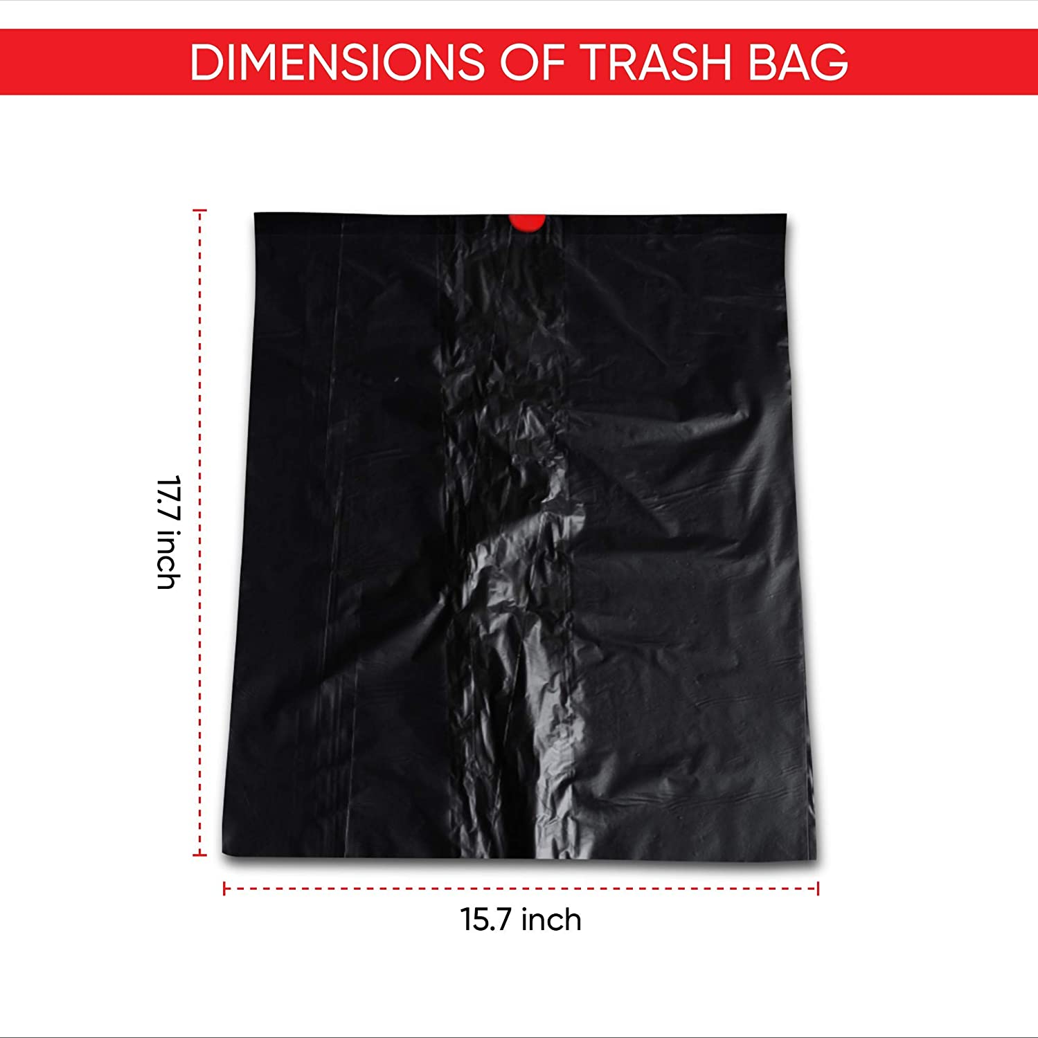 black drawstring trash bag laid flat showing dimensions 15.7 x 17.7 inches, compact size ideal for bins in car, home, or office.