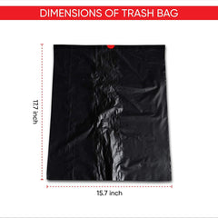 black drawstring trash bag laid flat showing dimensions 15.7 x 17.7 inches, compact size ideal for bins in car, home, or office.