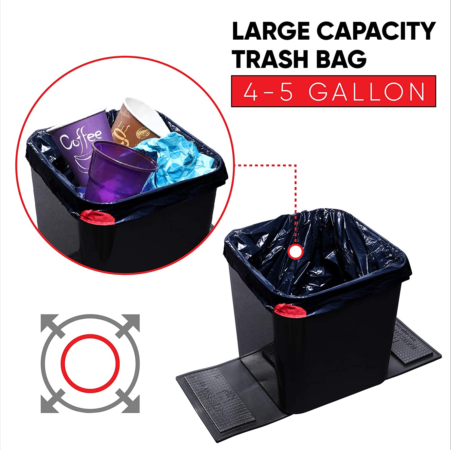 Haussimple large capacity black drawstring trash bag fitted in a 4–5 gallon bin, filled with paper cups and waste, showing stretchable, leakproof design for home, office, or car use.