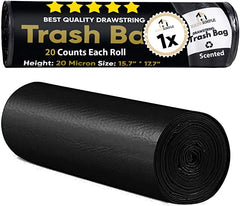 Haussimple black drawstring trash bag roll, 20-count scented garbage bags, 20-micron thick, size 15.7x17.7 inches, durable waste bags for car, home, or office use.