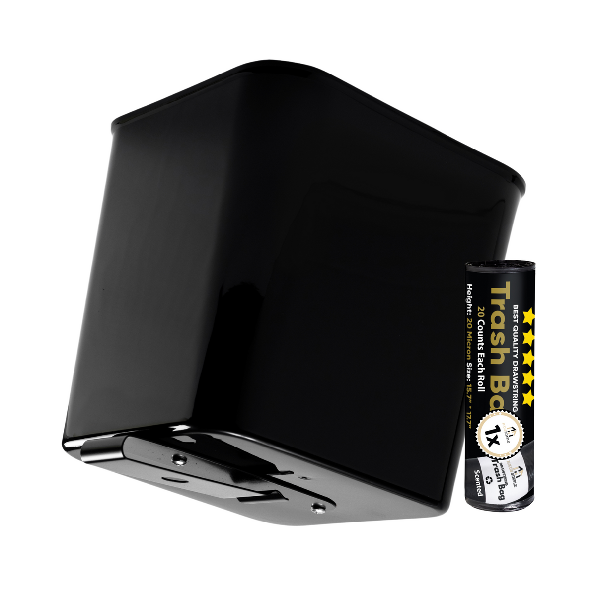 A black car trash can with a spill proof floor mat clip, accompanied by a label with stars indicating the product's additional trash bag rating.