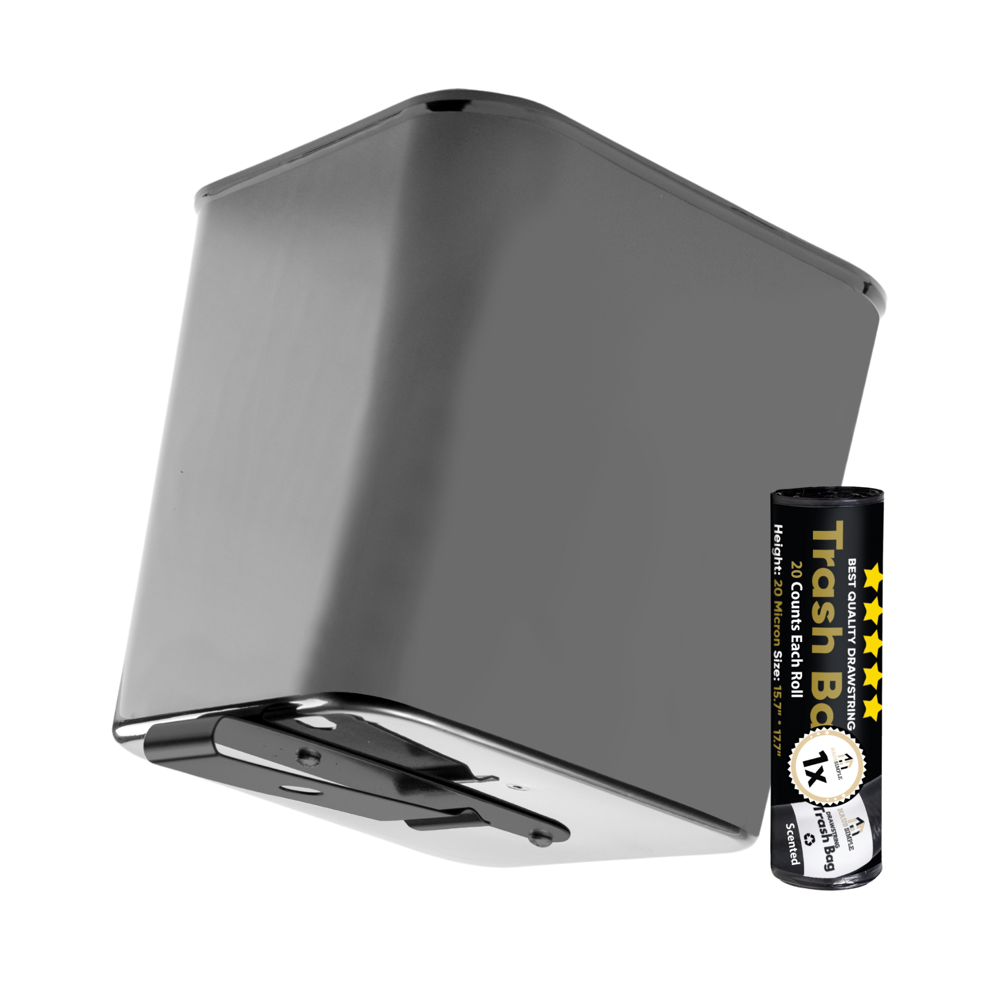 Rectangular gray car trash can showing its built-in clip for secure placement and its included roll of trash bags.