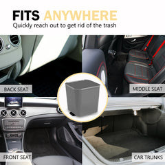 Haussimple large gray car trash can with built-in clip, shown fitting in front seat, back seat, middle seat, and car trunk — portable auto garbage bin for cars, trucks, SUVs, and vans.