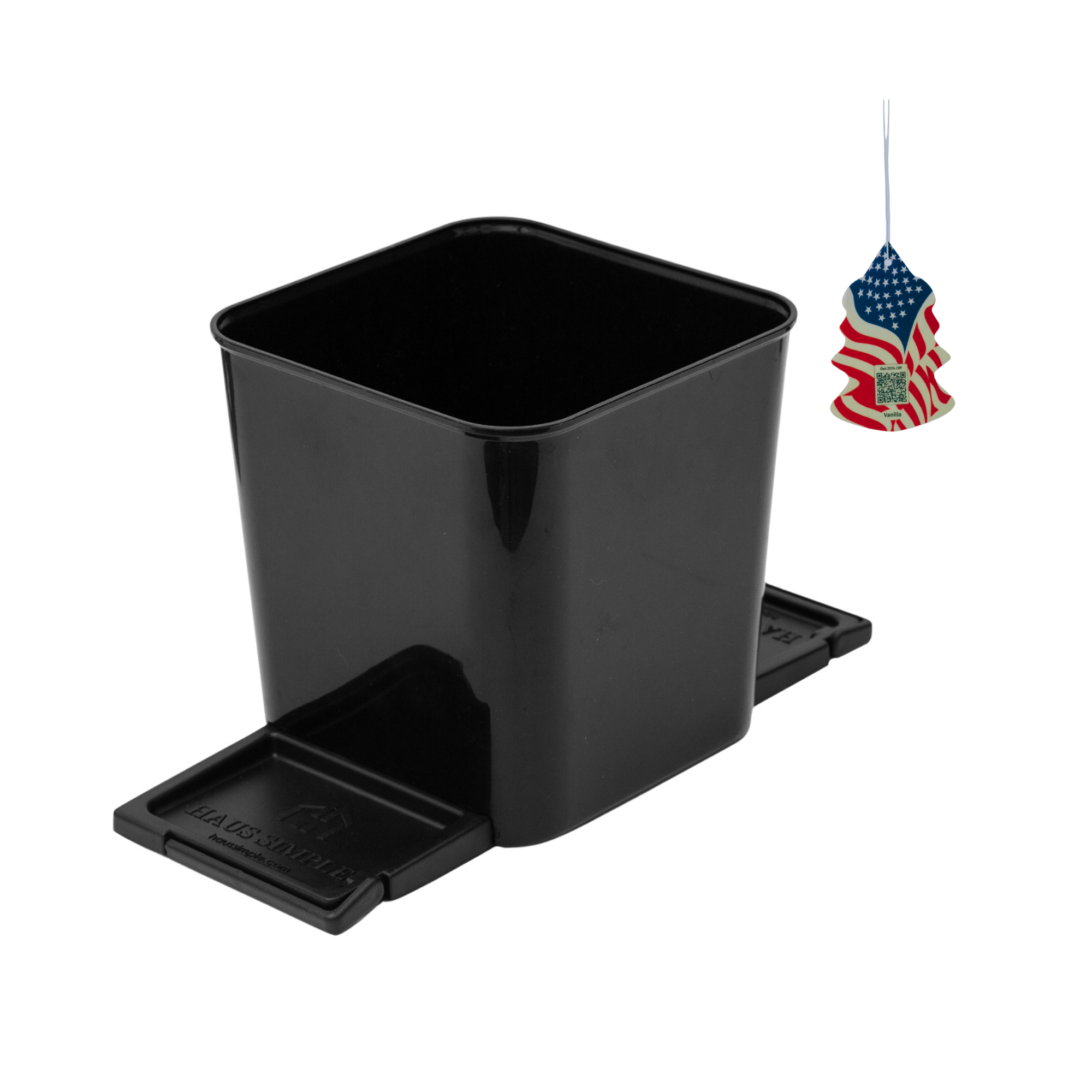 Medium black car trash can with stability flap on a white background.