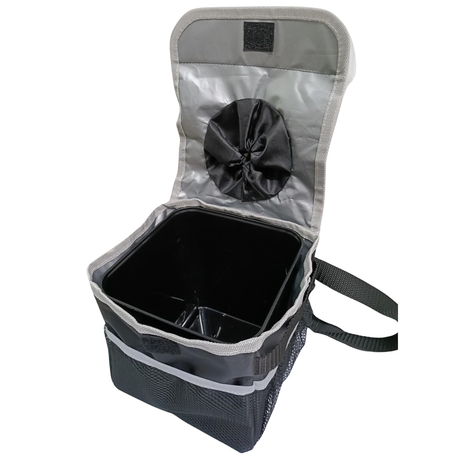 Small car trash bin with black leakproof cover, mesh side pockets, and black drawstring on a white background.