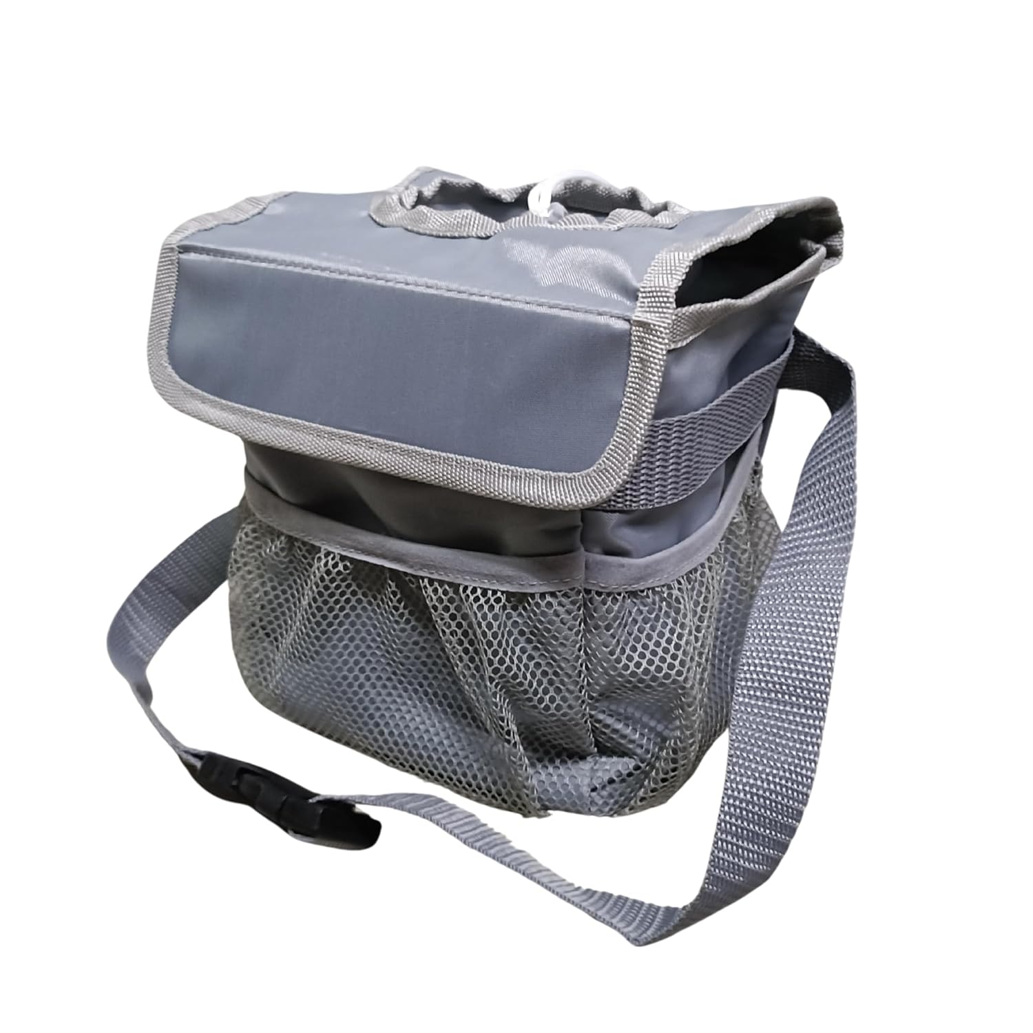 Small car trash bin with gray leakproof cover, mesh side pockets, and black drawstring on a white background.