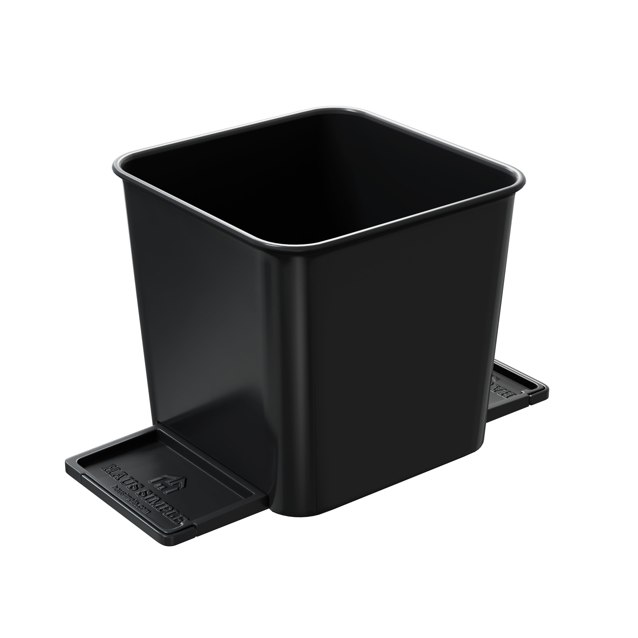 Small black car trash can with stability flap, compact vehicle garbage bin displayed on a white background.