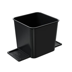 Small black car trash can with stability flap, compact vehicle garbage bin displayed on a white background.