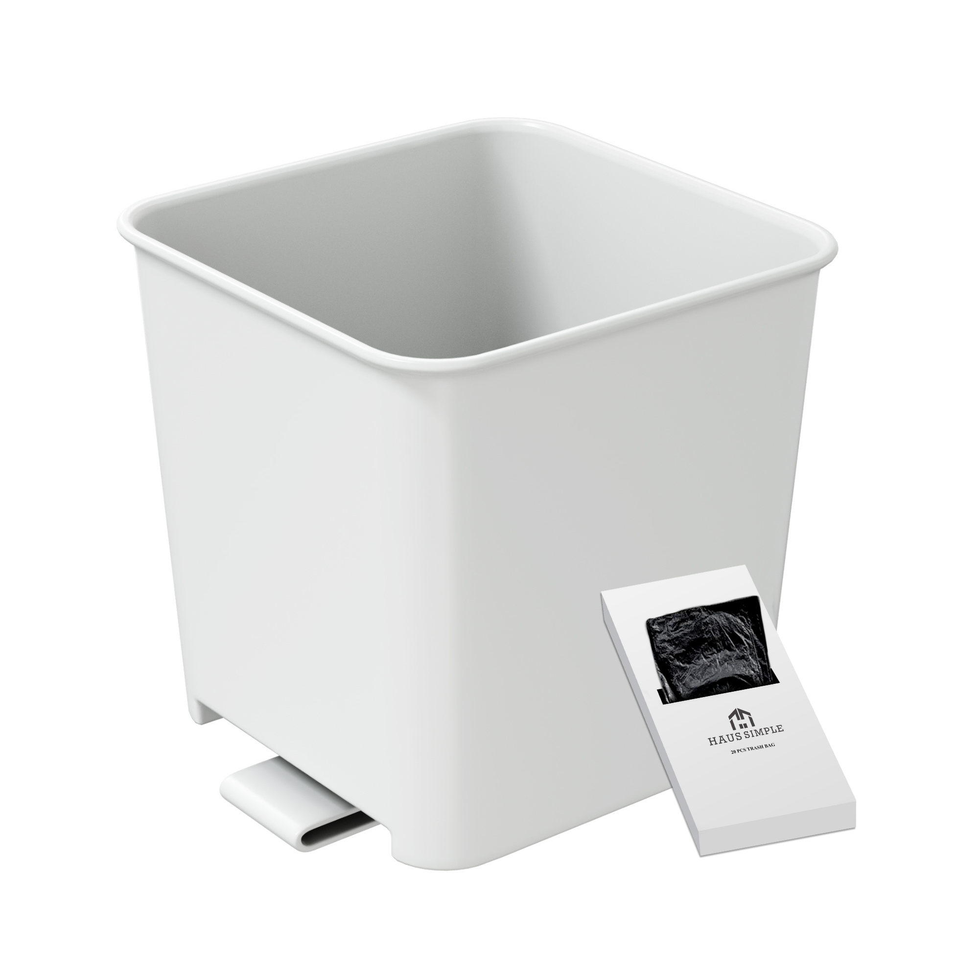 A small white car trash can with stability flap and a white card, containing its included trash bags.