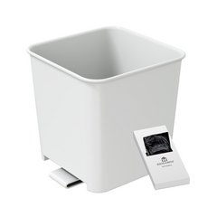 A small white car trash can with stability flap and a white card, containing its included trash bags.