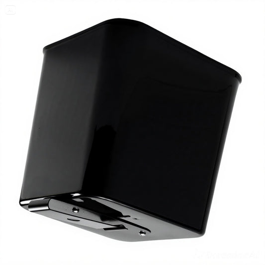 Black rectangular trashcan with a floor mat clip